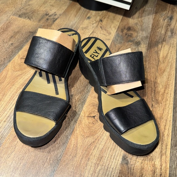 Fly London Black Leather Slide Sandals • Comfortable Wedge Sole Size 40 US 9-9.5 - Picture 13 of 13